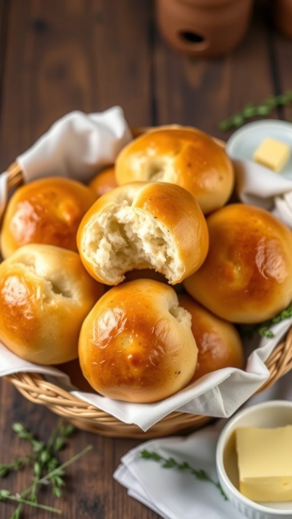 A basket of golden onion yeast rolls, some torn open, with butter and thyme on a rustic table.